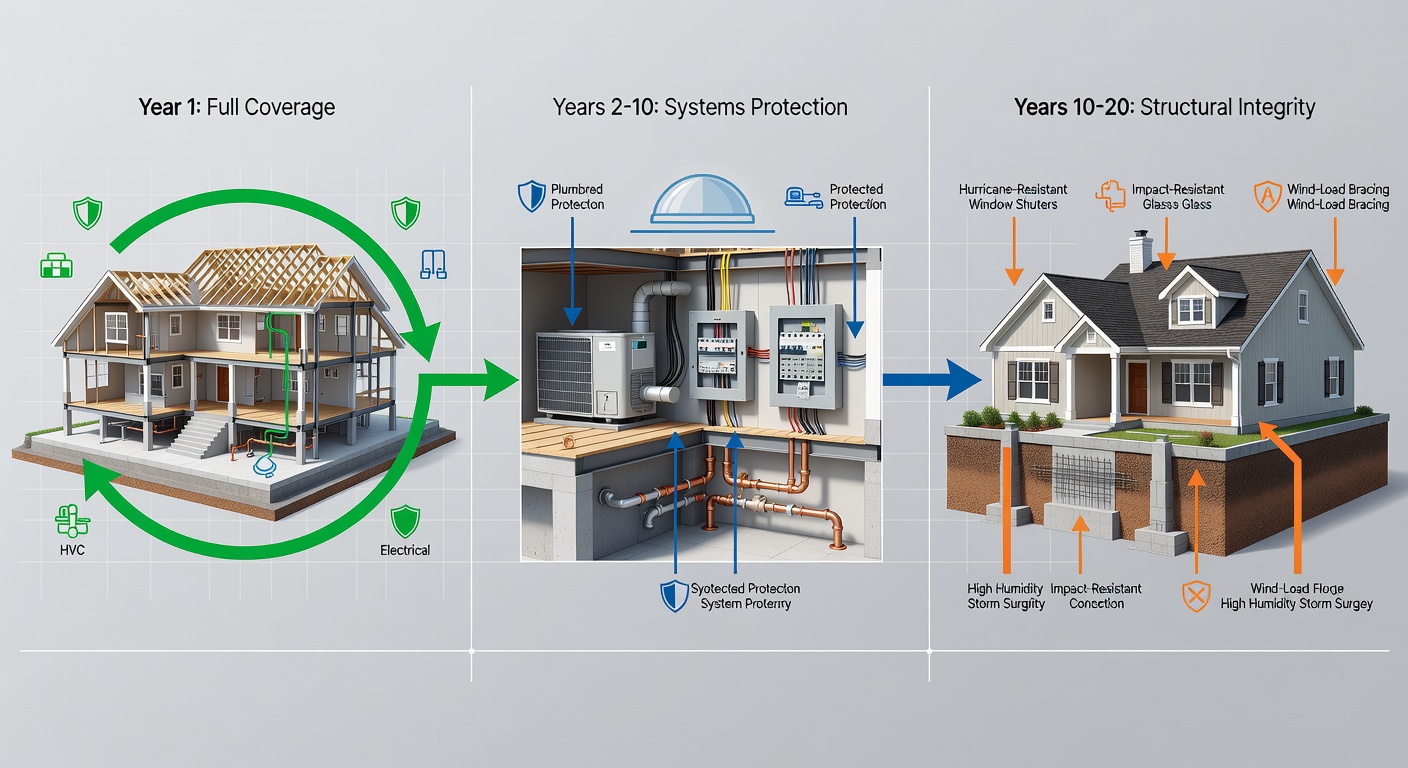 Educational timeline diagram illustrating the three phases of StrucSure 1-2-10 year warranty coverage provided by Fox Certified Contractors, showing Year 1 full coverage, Years 2-10 systems protection, and Years 10-20 structural integrity with labeled icons for each component and Florida climate considerations such as hurricane resistance