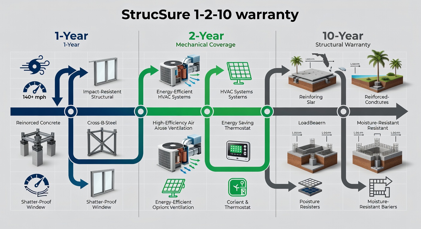 Educational timeline diagram of the StrucSure 1-2-10 warranty showing three color-coded phases with Florida-specific icons including 140+ mph hurricane wind ratings, energy-efficient HVAC systems, and impact-resistant structural elements