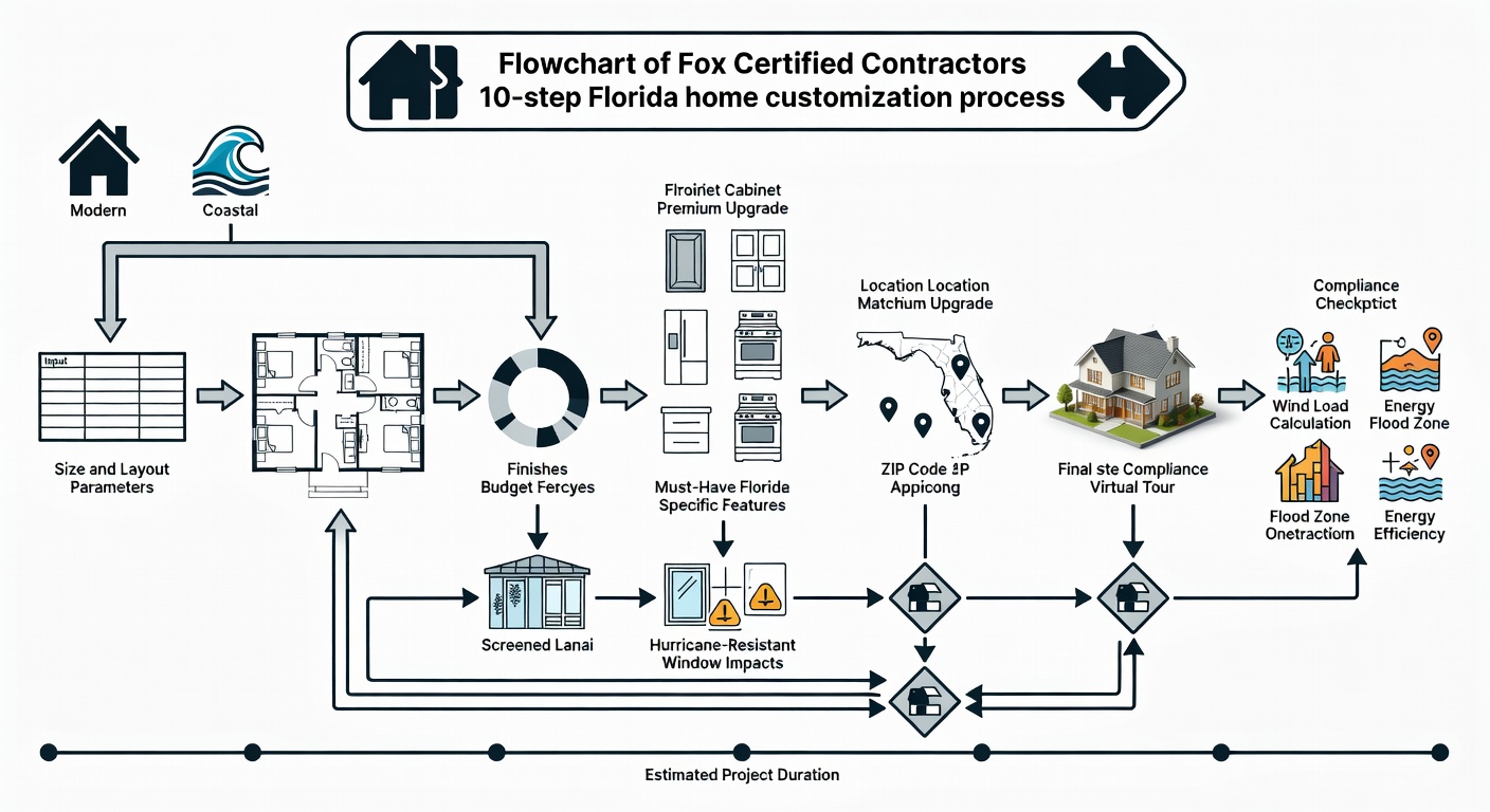 Flowchart of Fox Certified Contractors' 10-step Florida home customization process, from architectural style selection (Modern/Coastal icons), size/layout inputs, floor plan rooms (bed/bath counts), finishes/budget sliders, premium upgrades (cabinets/appliances), must-have features (lanai/hurricane windows), location/ZIP matching, to 3D tour and compliance checks (wind/flood/energy), with decision branches and estimated timeline.