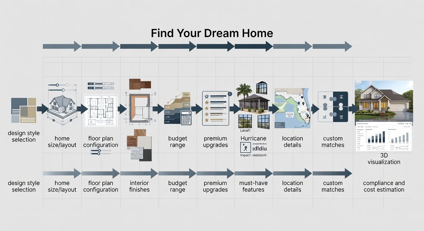 Illustrative flowchart diagram of the 10-step 'Find Your Dream Home' process for Florida custom builds, including icons for design style selection, home size/layout, floor plan configuration, interior finishes, budget range, premium upgrades, must-have features like lanais and hurricane windows, location details, custom matches, and 3D visualization, with arrows showing progression to compliance and cost estimation.