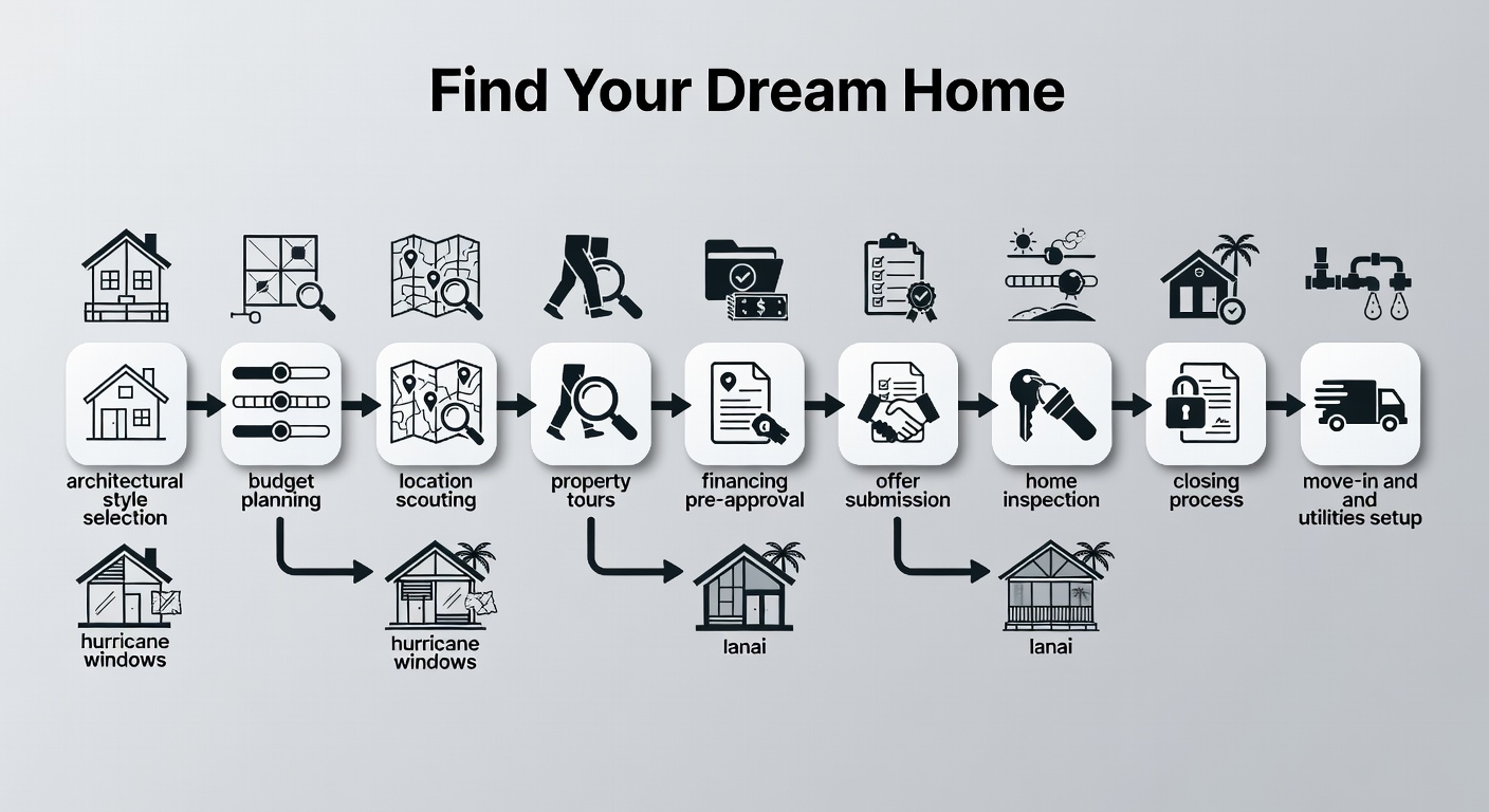 Illustrative flowchart of the 10-step 'Find Your Dream Home' process, detailing stages from architectural style selection to location/contact info, with icons for Florida-specific elements like hurricane windows, lanai, and budget sliders.
