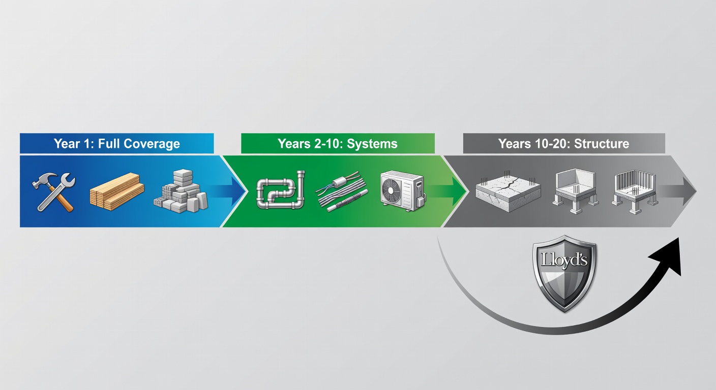 Illustrative timeline diagram of StrucSure 1-2-10 warranty progression for Florida homes, with horizontal bars for Year 1 (full coverage icons: tools, materials), Years 2-10 (systems: pipes, wires, AC), Years 10-20 (structure: foundation, walls), reinsurance shield from Lloyd's, and transferability arrow.