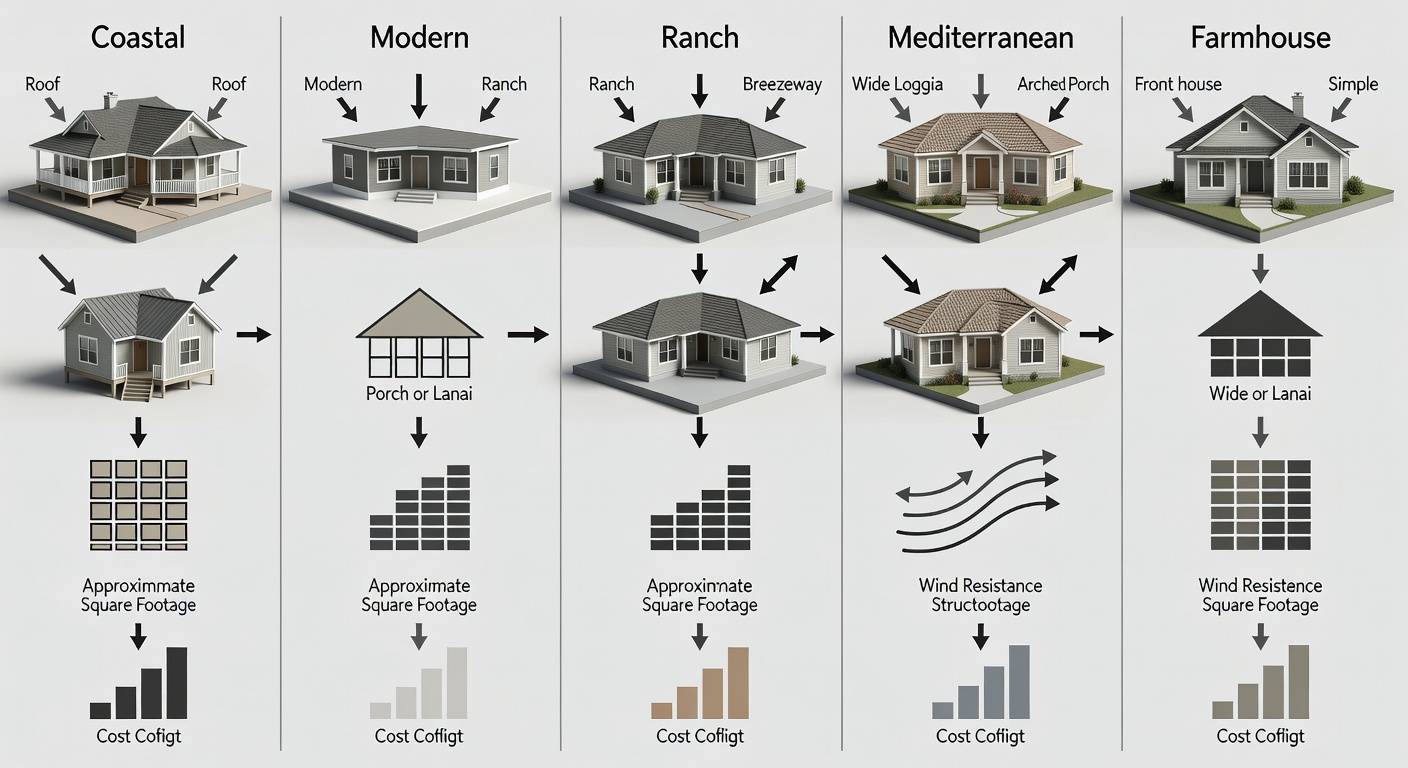 Side-by-side comparison diagram of top 5 Florida architectural styles (Coastal, Modern, Ranch, Mediterranean, Farmhouse), with columns for key visual elements (e.g., roof type, porch/lanai), sq ft examples, climate adaptations like wind rating, and cost indicators for quick reference.