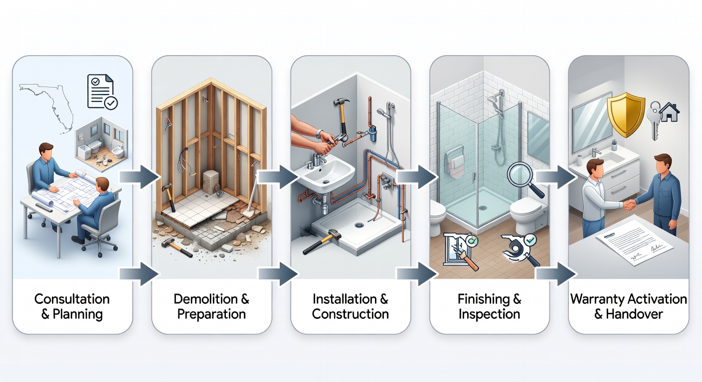 Step-by-step flowchart diagram showing the 5-stage bathroom renovation process from consultation to warranty activation, with icons for each phase and Florida-specific checkpoints
