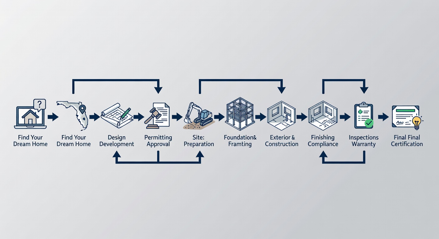 Step-by-step flowchart of Florida custom home building process, from 'Find Your Dream Home' quiz (steps 1-10) to permitting, construction phases, warranty activation, and final compliance certification with icons for each stage.