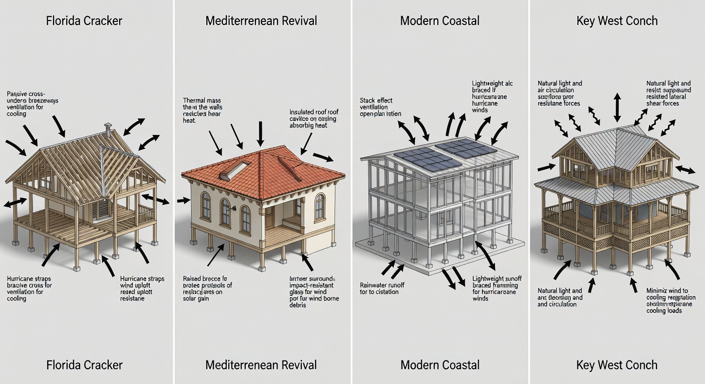 Structural diagram comparing four popular Florida home architectural styles with annotations for wind resistance and energy features