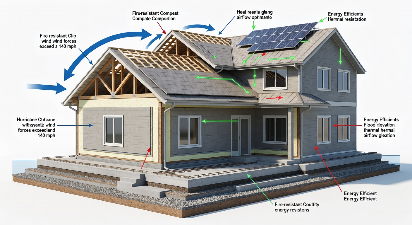 Technical diagram of Florida building compliance standards, illustrating wind protection (140+ mph), flood elevation layers, fire-resistant materials, and energy-efficient features with cross-sections and icons for 2026 codes.
