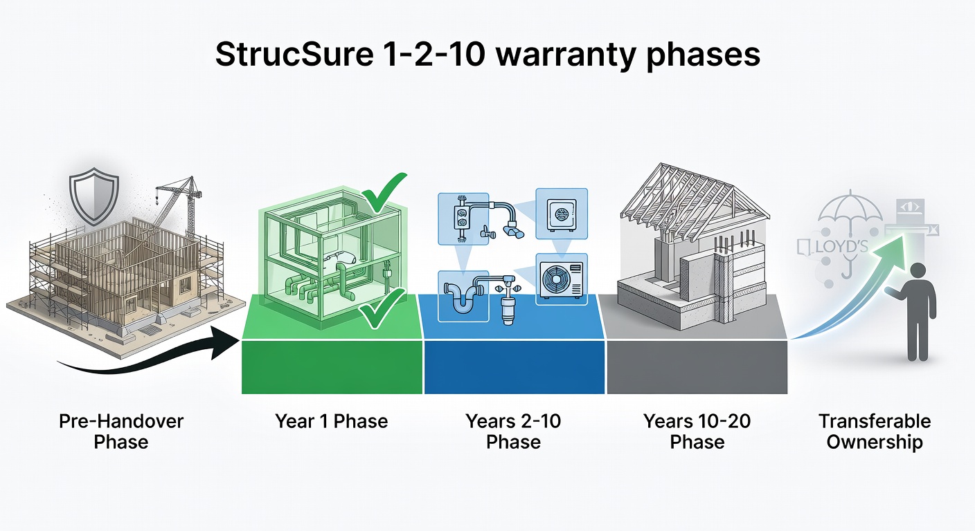 Technical timeline diagram illustrating StrucSure 1-2-10 warranty phases for Florida homes, with layered coverage icons for Year 1 full workmanship/materials/systems, Years 2-10 electrical/plumbing/HVAC, Years 10-20 foundation/load-bearing walls/framing, plus builder's risk insurance pre-handover, reinsurance by Lloyd's of London, and transferable ownership arrow.