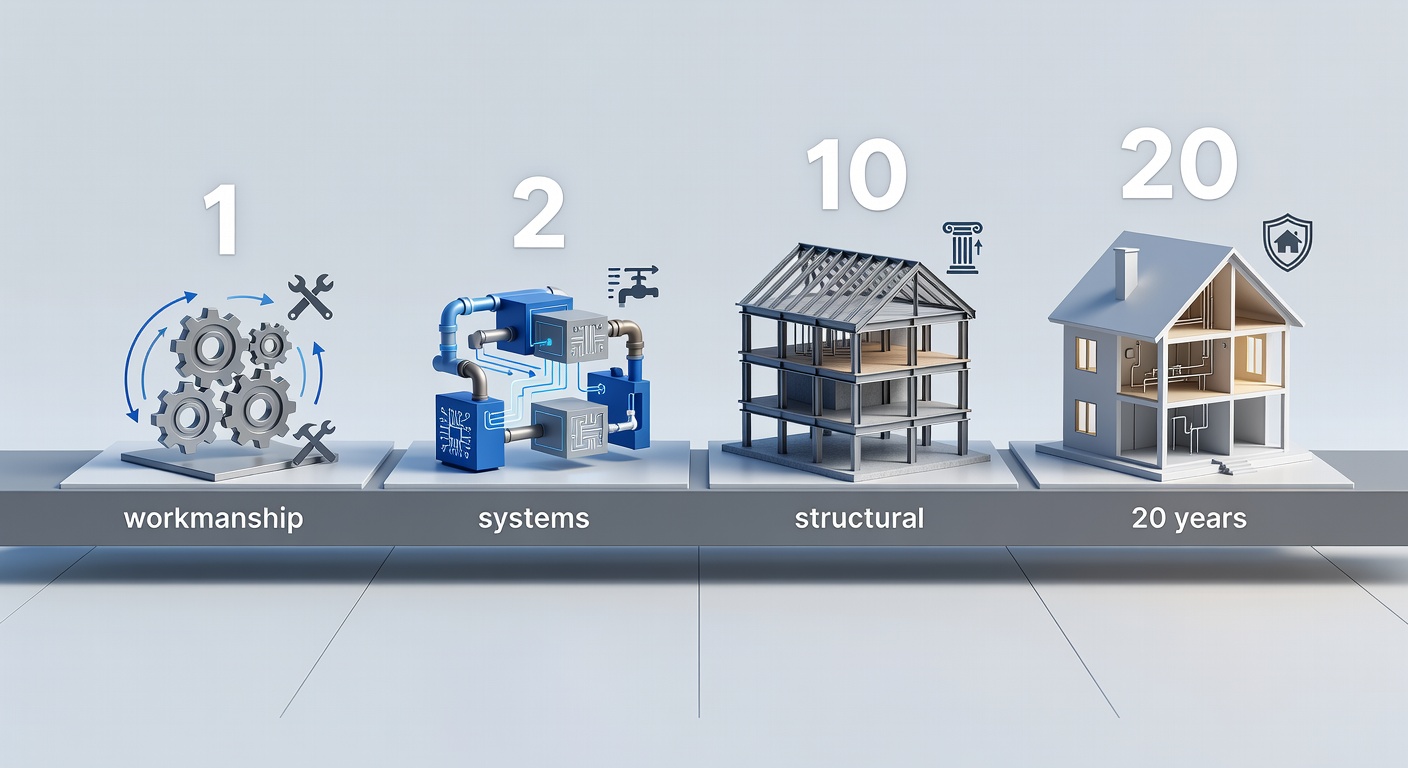 Clean diagram showing the 1-2-10-20 year StrucSure warranty timeline with icons for workmanship, systems, and structural coverage stages
