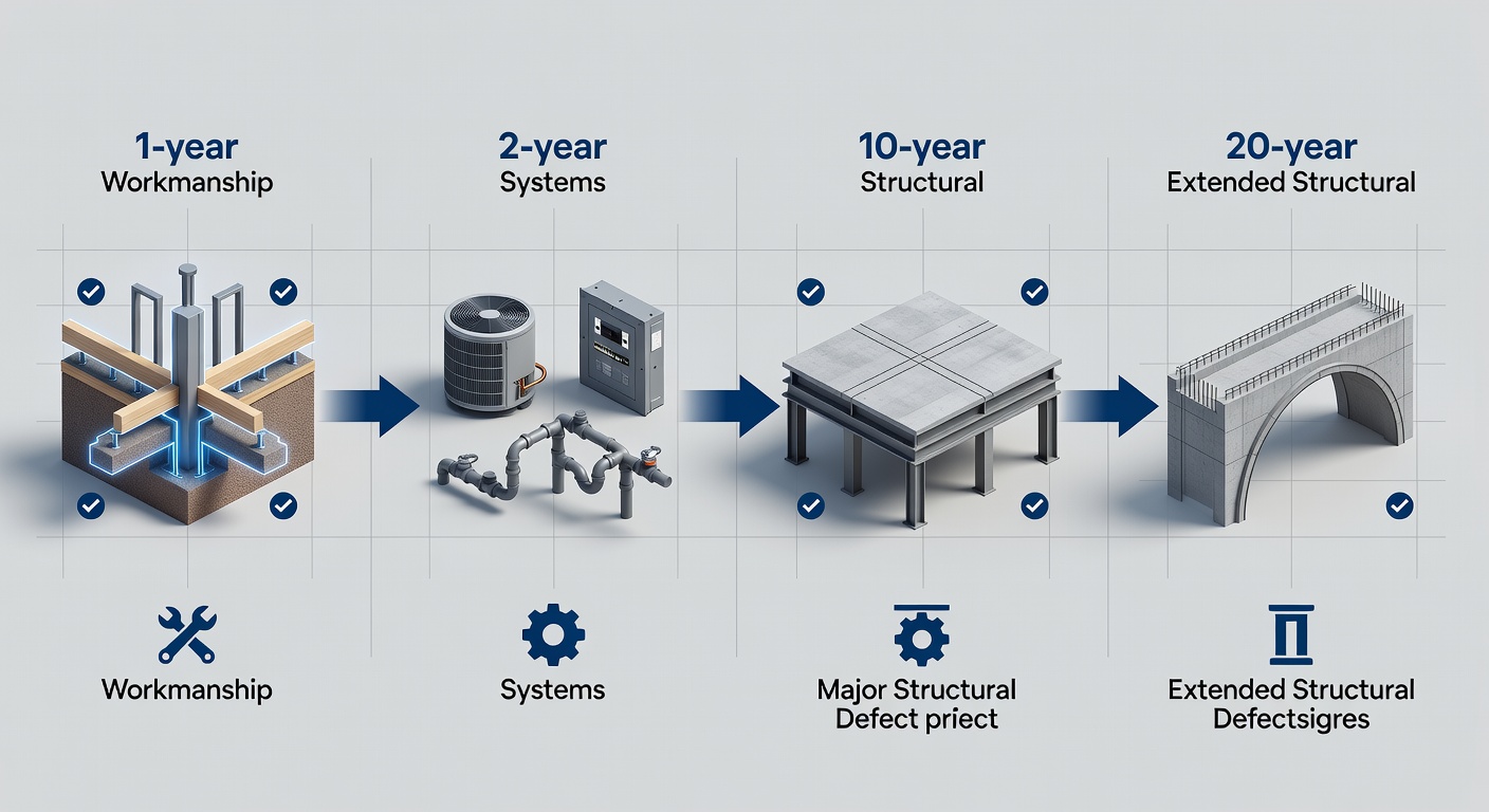 Clean diagram showing the 1-2-10-20 year StrucSure warranty timeline with icons for workmanship, systems, and structural coverage stages