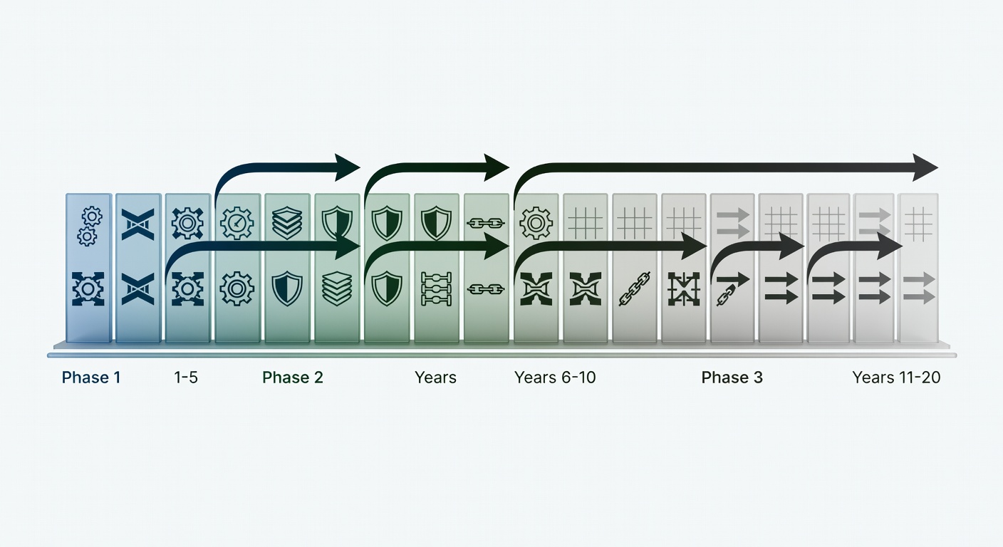 Clear structural diagram showing the three phases of StrucSure warranty coverage timeline from year 1 through year 20 with labeled protection categories