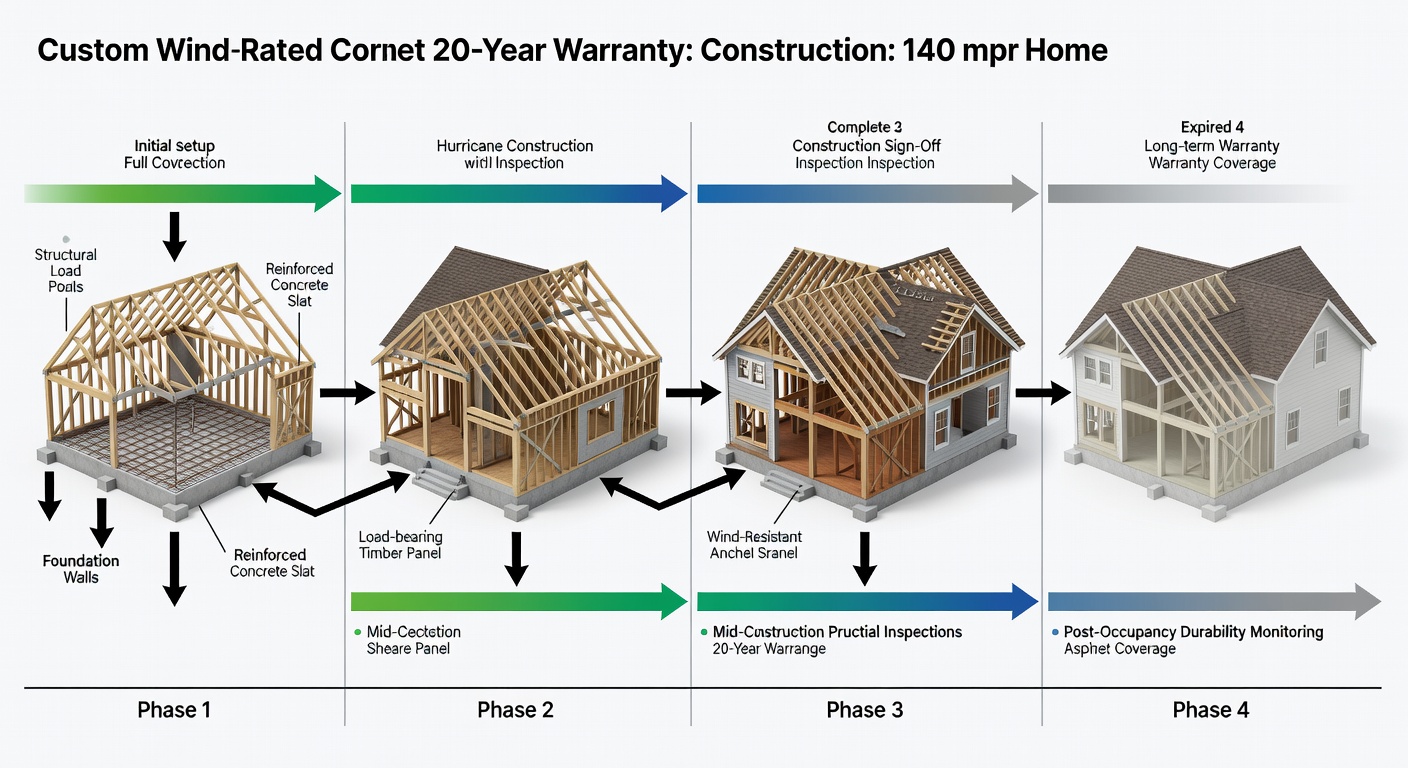 Clear technical diagram illustrating how StrucSure 20-year warranty phases align with construction milestones in a 140 mph rated custom home floor plan, showing roof, wall, and foundation stages with coverage timelines.