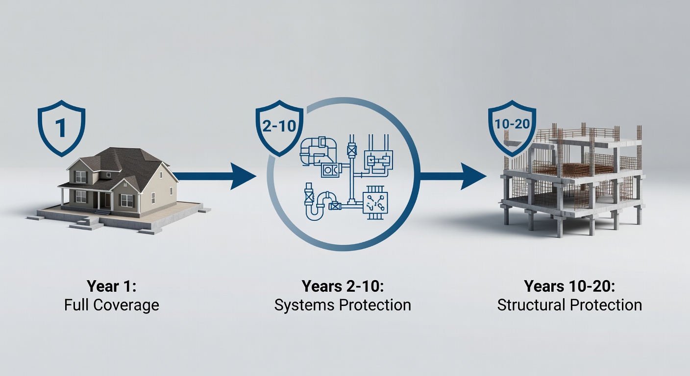 Clear timeline diagram illustrating the three StrucSure warranty phases with icons for year 1 full coverage, years 2-10 systems, and years 10-20 structural protection, tailored for Florida home construction.