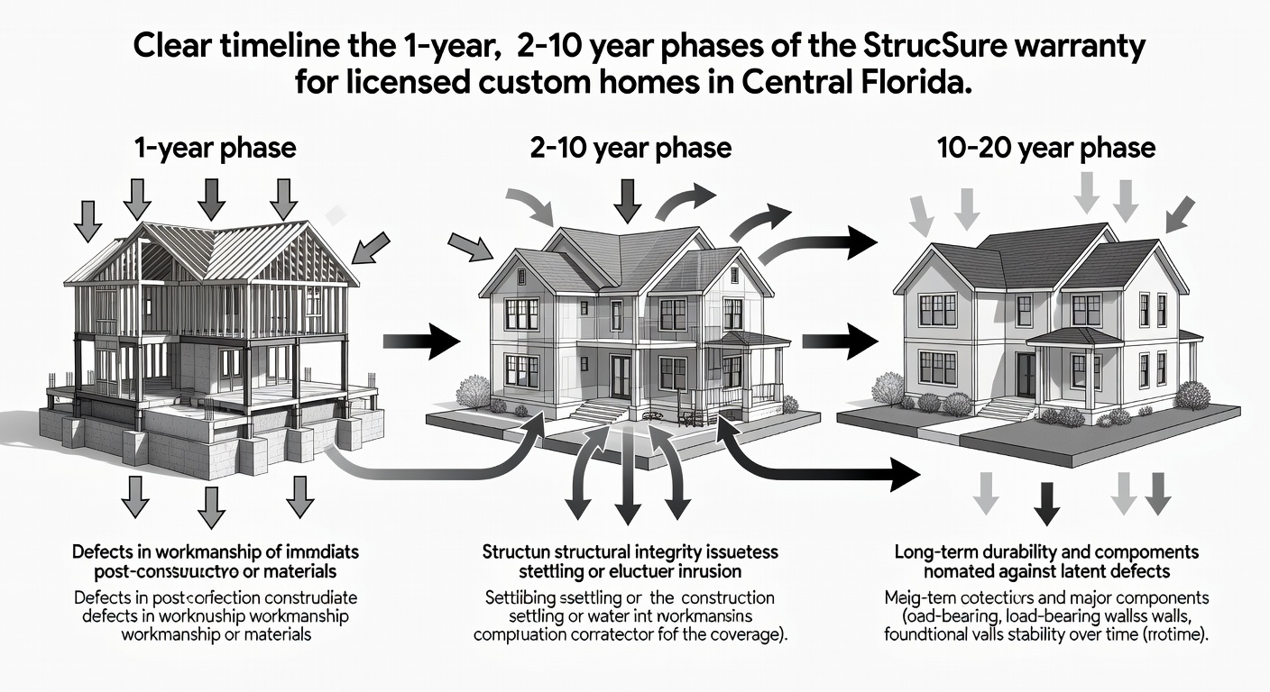 Clear timeline infographic illustrating the 1-year, 2-10 year, and 10-20 year phases of the StrucSure warranty for licensed custom homes in Central Florida.