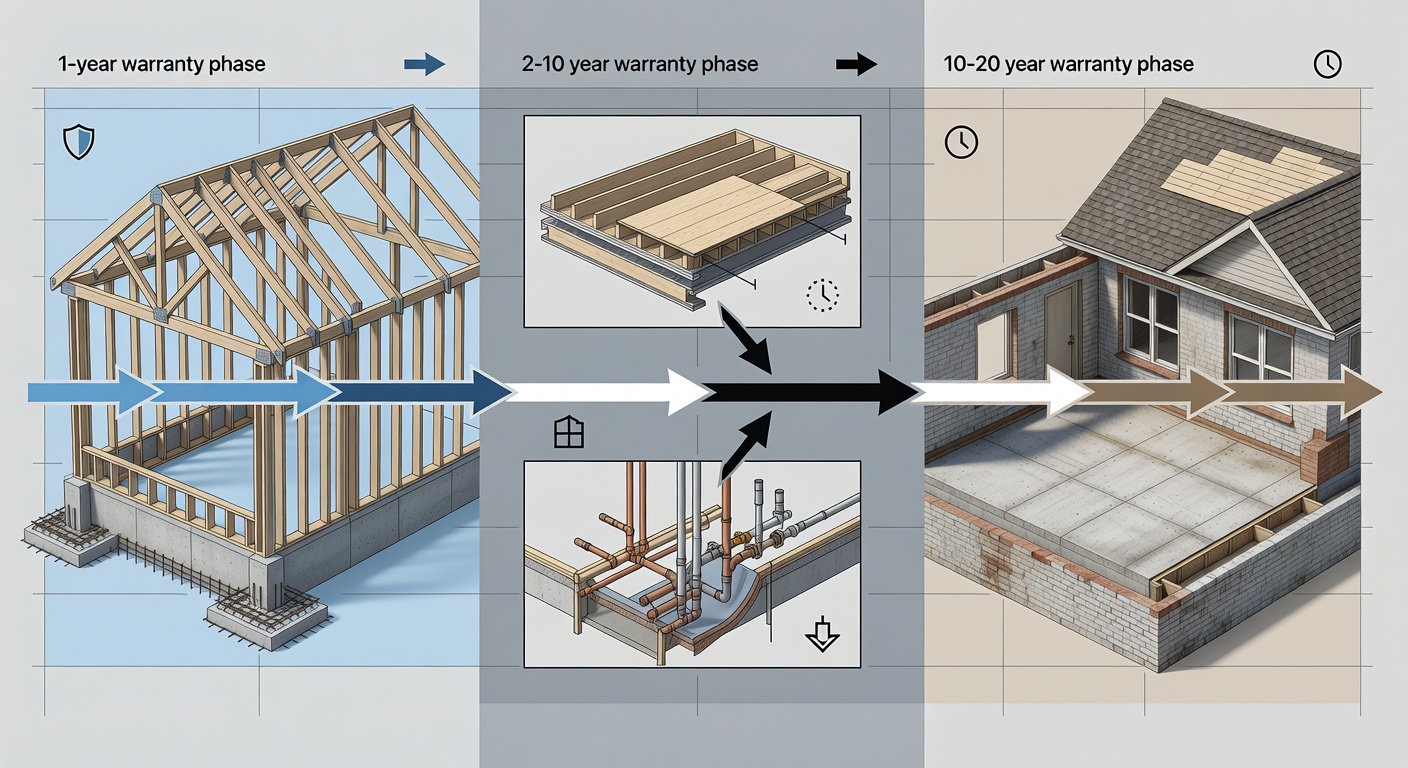 Compliance timeline diagram illustrating the 1-year, 2-10 year, and 10-20 year StrucSure warranty phases applied to custom home floor plan elements.