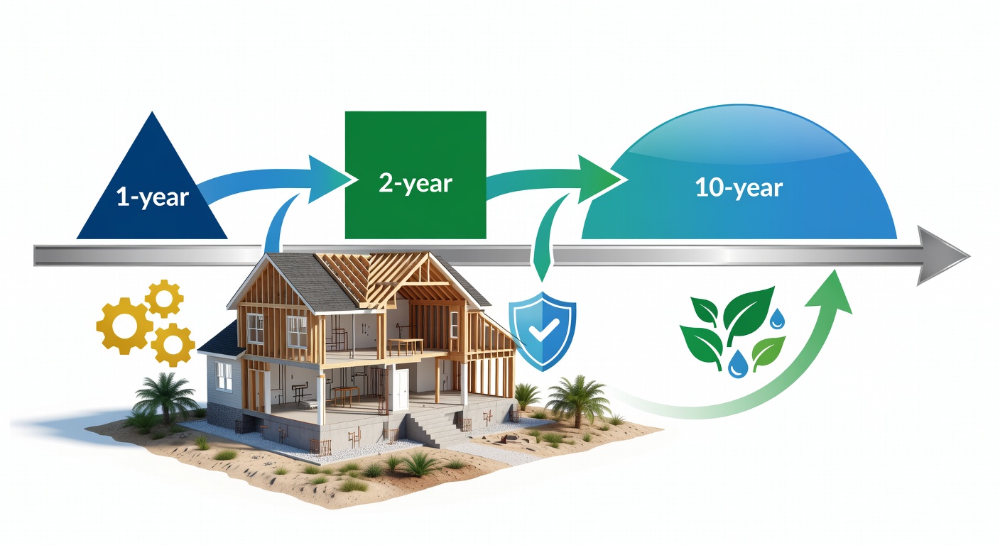 Detailed diagram showing the 1-2-10 year warranty coverage timeline for a custom home in Central Florida with labeled protection phases and owner benefits