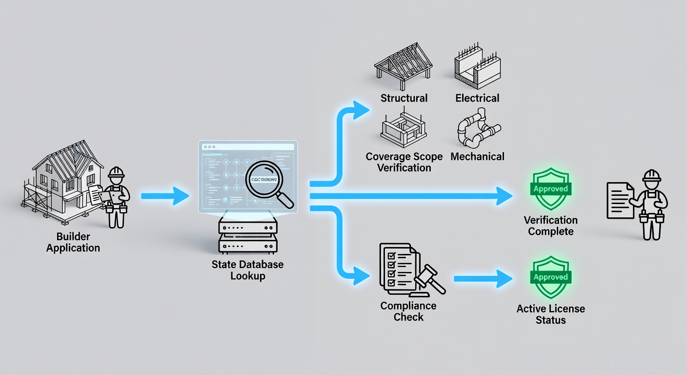 Educational diagram showing the CGC1509392 license verification flow for custom home builders in Central Florida, including state database lookup steps and coverage scope icons.