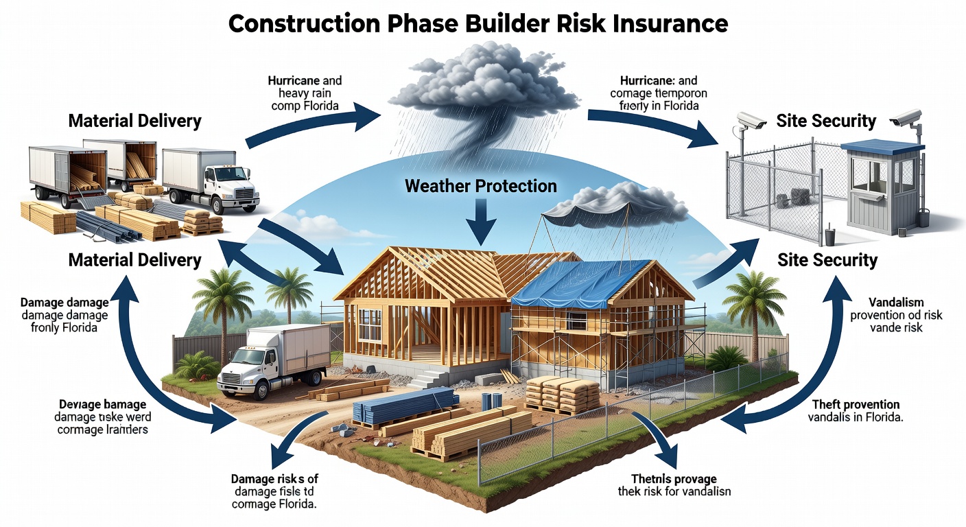 Educational diagram showing the construction phase builder risk insurance flow with labeled steps for material delivery, weather protection, and site security in a Florida home build.