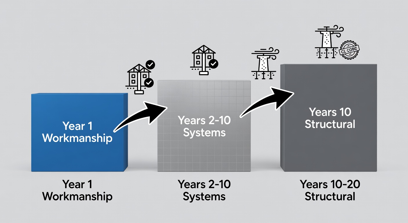 Educational diagram showing the three-phase StrucSure warranty timeline as horizontal bars labeled Year 1 Workmanship, Years 2-10 Systems, and Years 10-20 Structural, with Florida Building Code icons integrated at each phase transition.