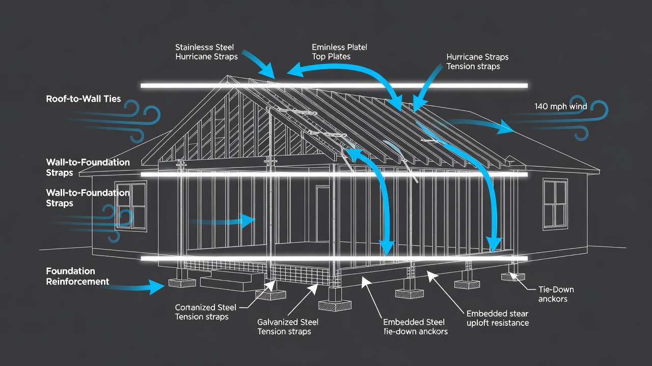 Educational diagram showing three horizontal timeline bars labeled Roof-to-Wall Ties, Wall-to-Foundation Straps, and Foundation Reinforcement with icons for hurricane straps, continuous load path, and 140 mph wind arrows, set against a Florida custom home silhouette background.