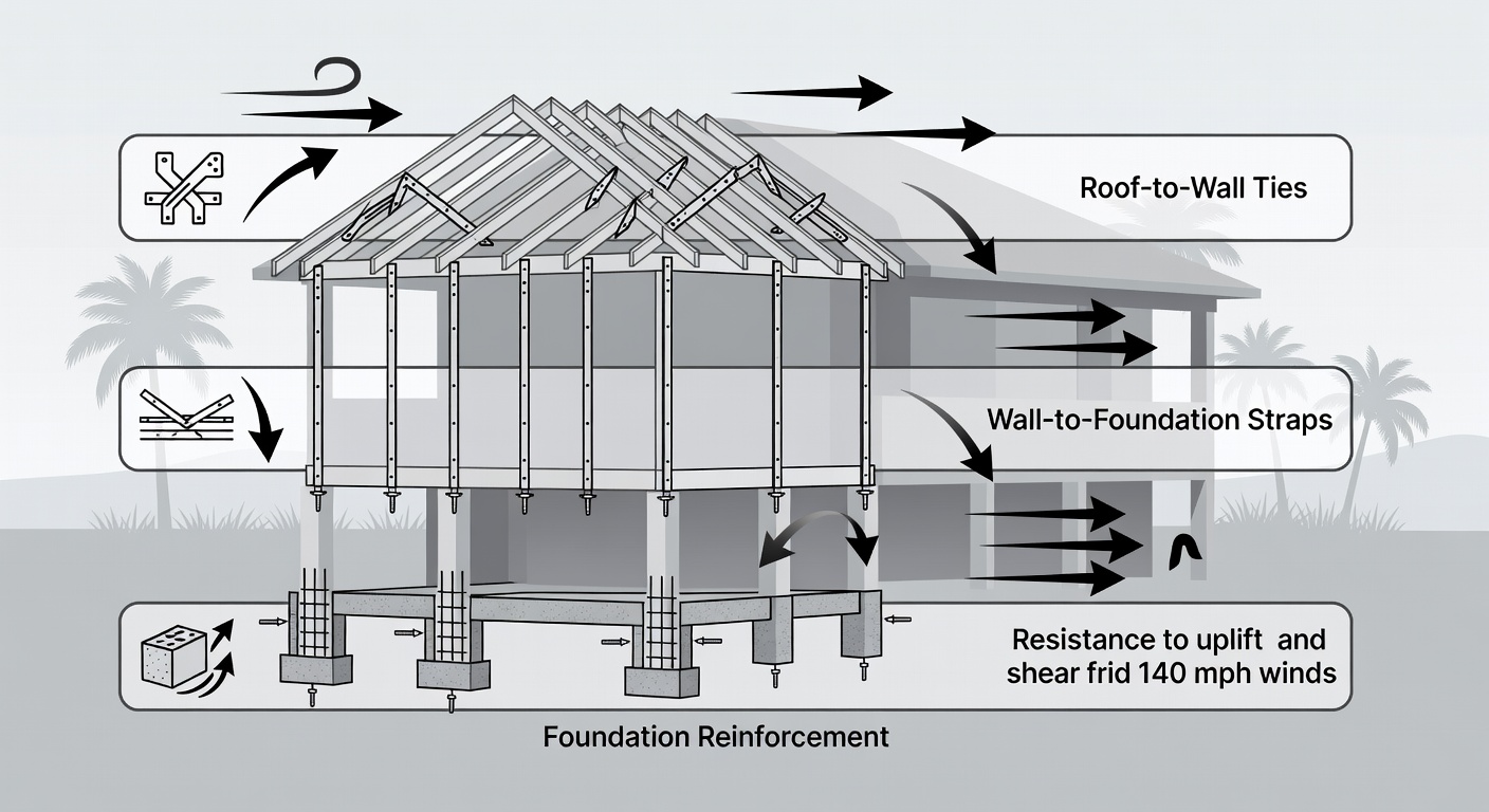 Educational diagram showing three horizontal timeline bars labeled Roof-to-Wall Ties, Wall-to-Foundation Straps, and Foundation Reinforcement with icons for hurricane straps, continuous load path, and 140 mph wind arrows, set against a Florida custom home silhouette background.
