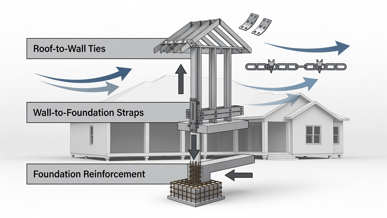 Educational diagram showing three horizontal timeline bars labeled Roof-to-Wall Ties, Wall-to-Foundation Straps, and Foundation Reinforcement with icons for hurricane straps, continuous load path, and 140 mph wind arrows, set against a Florida custom home silhouette background