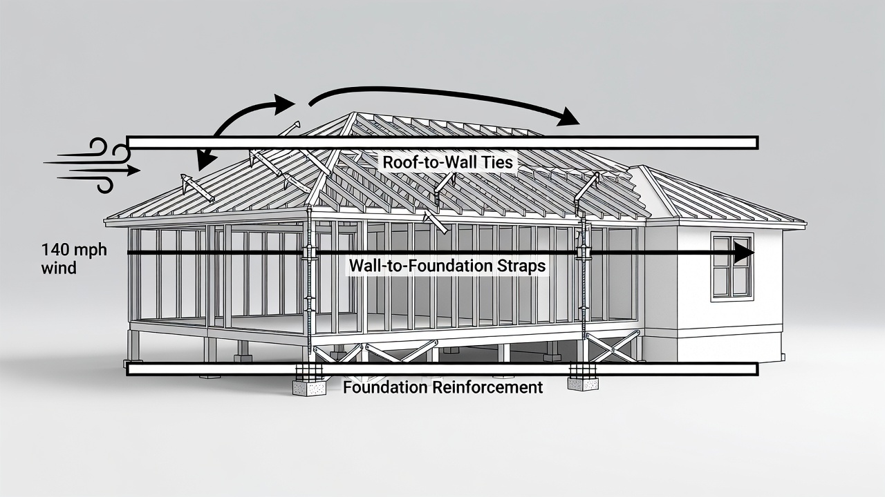 Educational diagram showing three horizontal timeline bars labeled Roof-to-Wall Ties, Wall-to-Foundation Straps, and Foundation Reinforcement with icons for hurricane straps, continuous load path, and 140 mph wind arrows, set against a Florida custom home silhouette background.