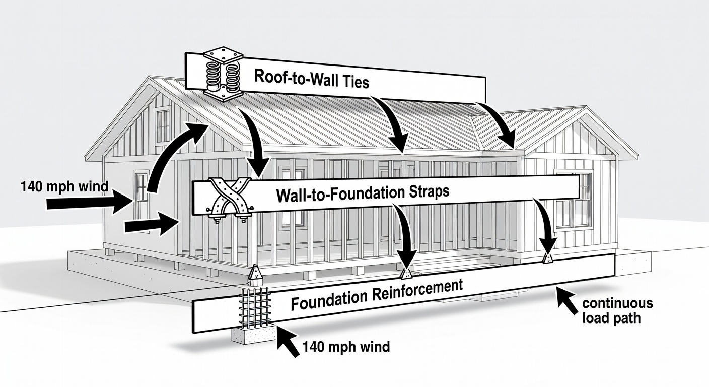 Educational diagram showing three horizontal timeline bars labeled Roof-to-Wall Ties, Wall-to-Foundation Straps, and Foundation Reinforcement with icons for hurricane straps, continuous load path, and 140 mph wind arrows, set against a Florida custom home silhouette background.