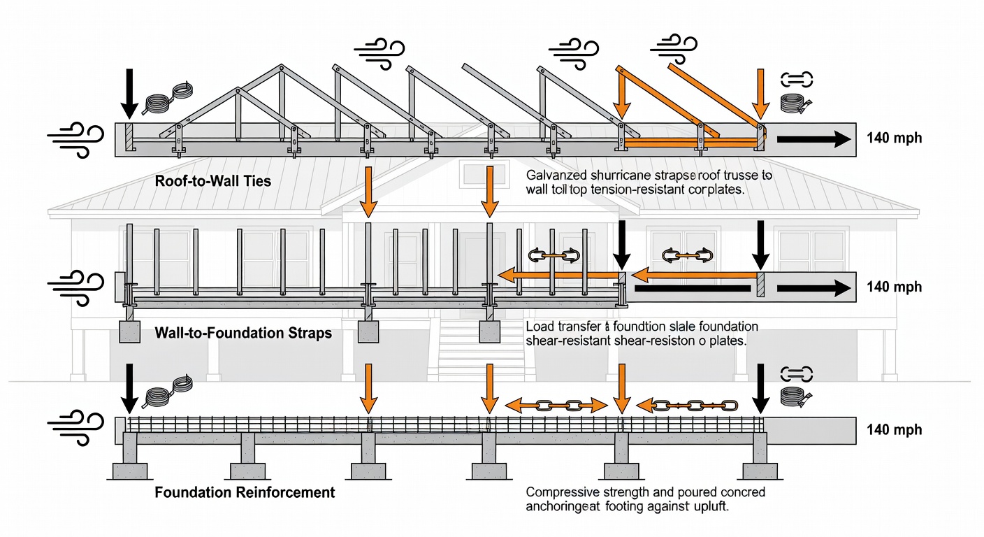 Educational diagram showing three horizontal timeline bars labeled Roof-to-Wall Ties, Wall-to-Foundation Straps, and Foundation Reinforcement with icons for hurricane straps, continuous load path, and 140 mph wind arrows, set against a Florida custom home silhouette background.