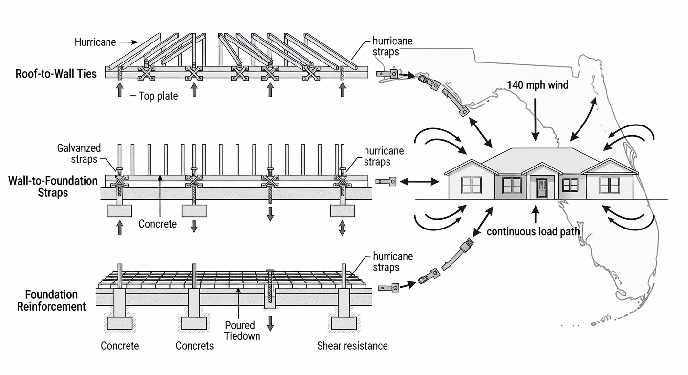 Educational diagram showing three horizontal timeline bars labeled Roof-to-Wall Ties, Wall-to-Foundation Straps, and Foundation Reinforcement with icons for hurricane straps, continuous load path, and 140 mph wind arrows, set against a Florida custom home silhouette background.