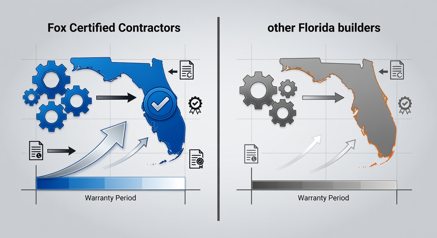 Side-by-side comparison table visual of Fox Certified Contractors versus other Florida builders highlighting license numbers, warranty length, and service areas
