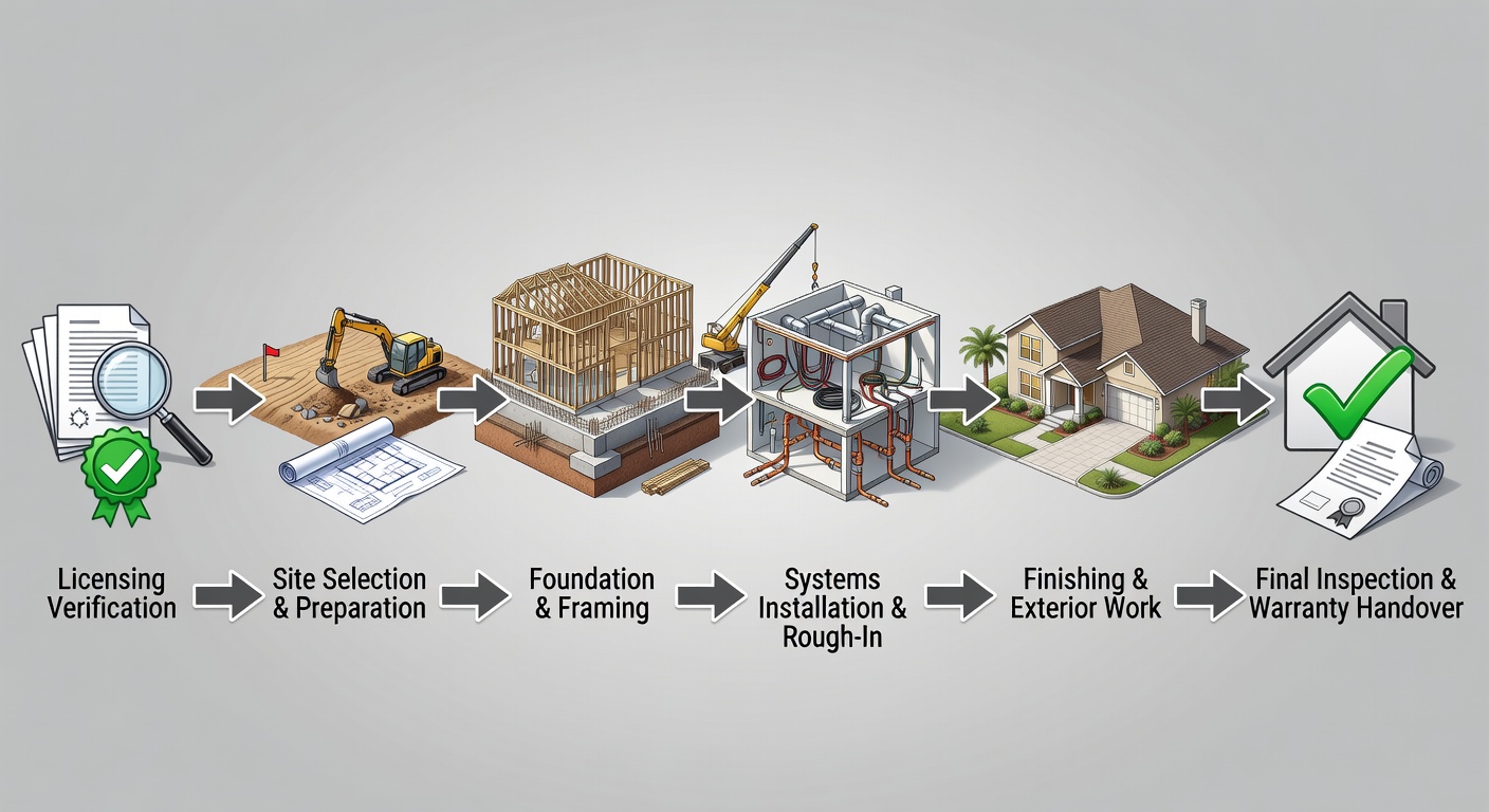 Step-by-step flow diagram of the custom home building process from licensing verification to final warranty handover for Central Florida projects
