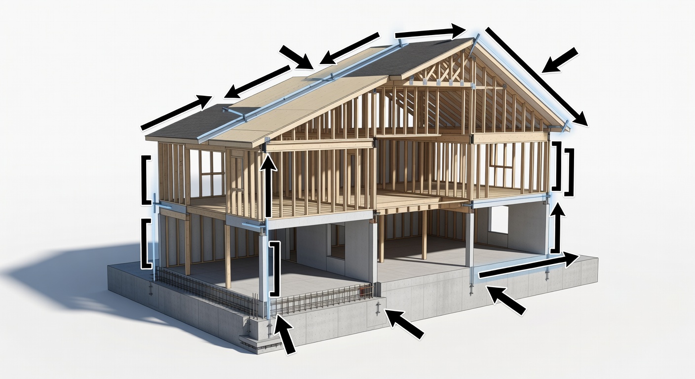 Structural cross-section diagram showing foundation, framing, and roof assembly phases with hurricane wind-load reinforcement points and StrucSure coverage zones