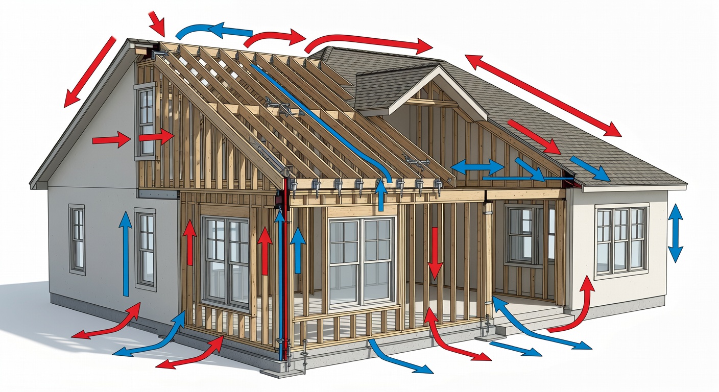 Structural illustration of 140 mph wind-load engineering features including impact windows, reinforced framing, and roof tie-down systems for Central Florida custom homes
