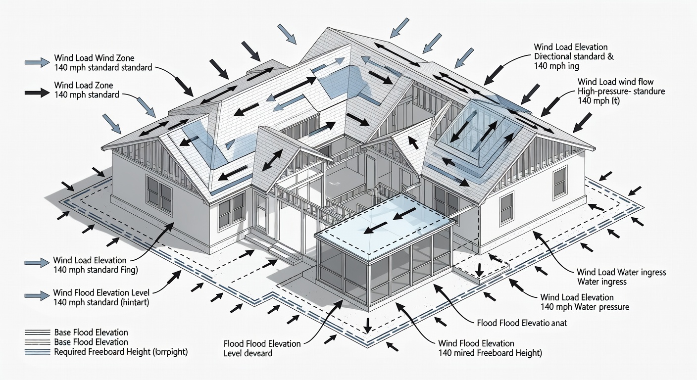 Technical diagram showing a sample floor plan layout with labeled 140 mph wind load zones, lanai placement, and flood elevation markers for Central Florida homes.