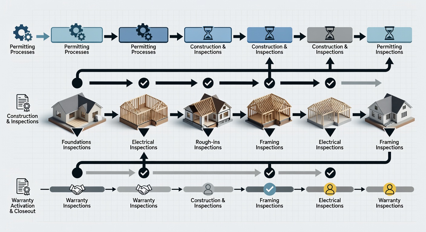 Technical flowchart diagram illustrating the complete 9-to-18-month Florida custom home construction timeline with parallel permitting, inspection, and warranty activation tracks