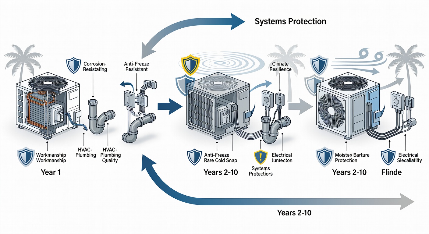 Technical flowchart illustrating coverage transition from Year 1 workmanship to Years 2-10 systems protection, highlighting HVAC, plumbing, and electrical components with Florida-specific climate resilience annotations.