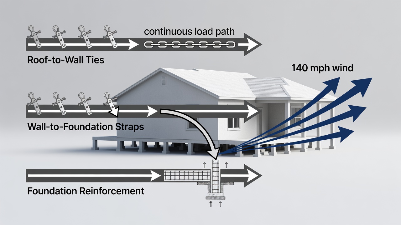 Educational diagram showing three horizontal timeline bars labeled Roof-to-Wall Ties, Wall-to-Foundation Straps, and Foundation Reinforcement with icons for hurricane straps, continuous load path, and 140 mph wind arrows, set against a Florida custom home silhouette background.