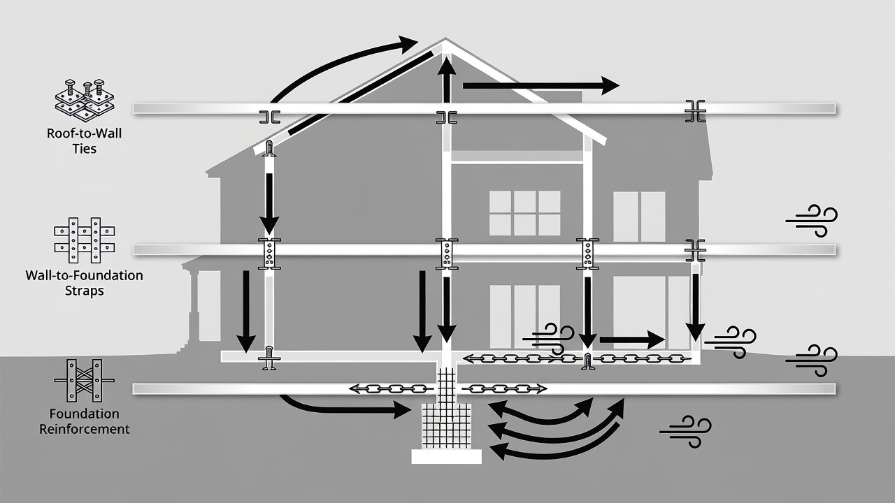 Educational diagram showing three horizontal timeline bars labeled Roof-to-Wall Ties, Wall-to-Foundation Straps, and Foundation Reinforcement with icons for hurricane straps, continuous load path, and 140 mph wind arrows, set against a Florida custom home silhouette background.