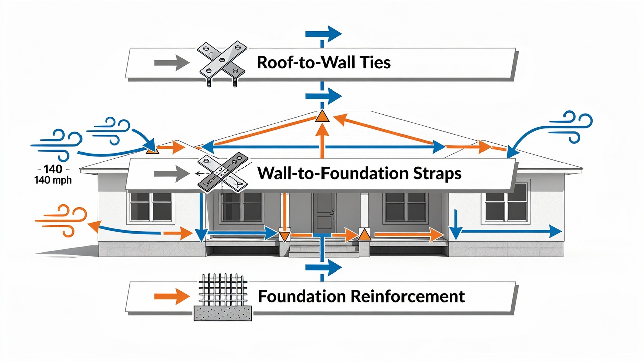 Educational diagram showing three horizontal timeline bars labeled Roof-to-Wall Ties, Wall-to-Foundation Straps, and Foundation Reinforcement with icons for hurricane straps, continuous load path, and 140 mph wind arrows, set against a Florida custom home silhouette background.