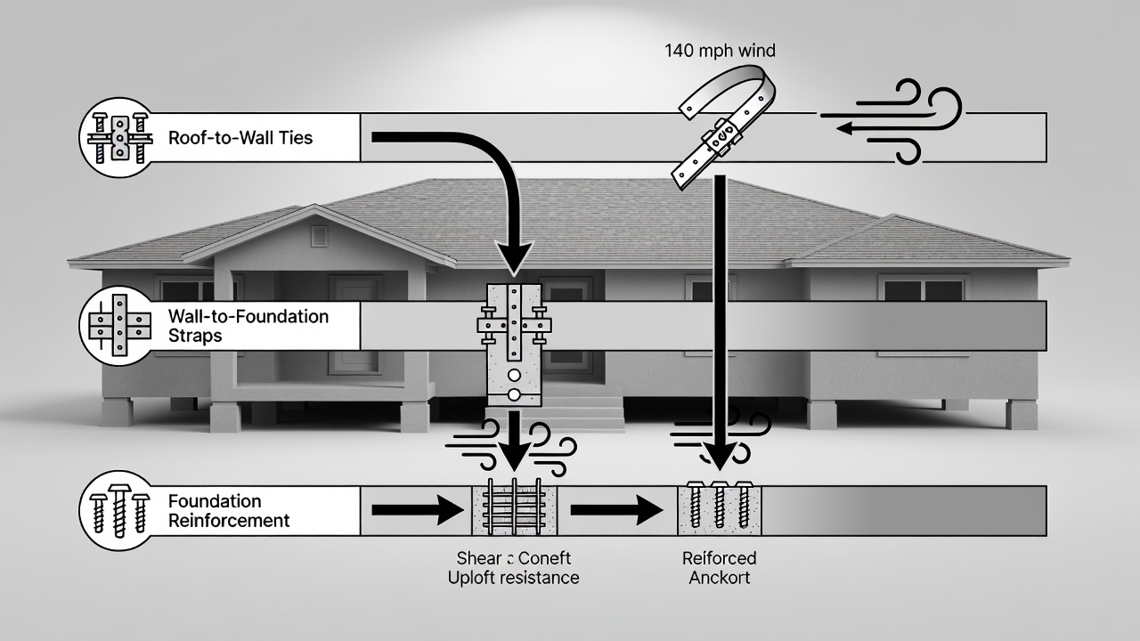 Educational diagram showing three horizontal timeline bars labeled Roof-to-Wall Ties, Wall-to-Foundation Straps, and Foundation Reinforcement with icons for hurricane straps, continuous load path, and 140 mph wind arrows, set against a Florida custom home silhouette background.