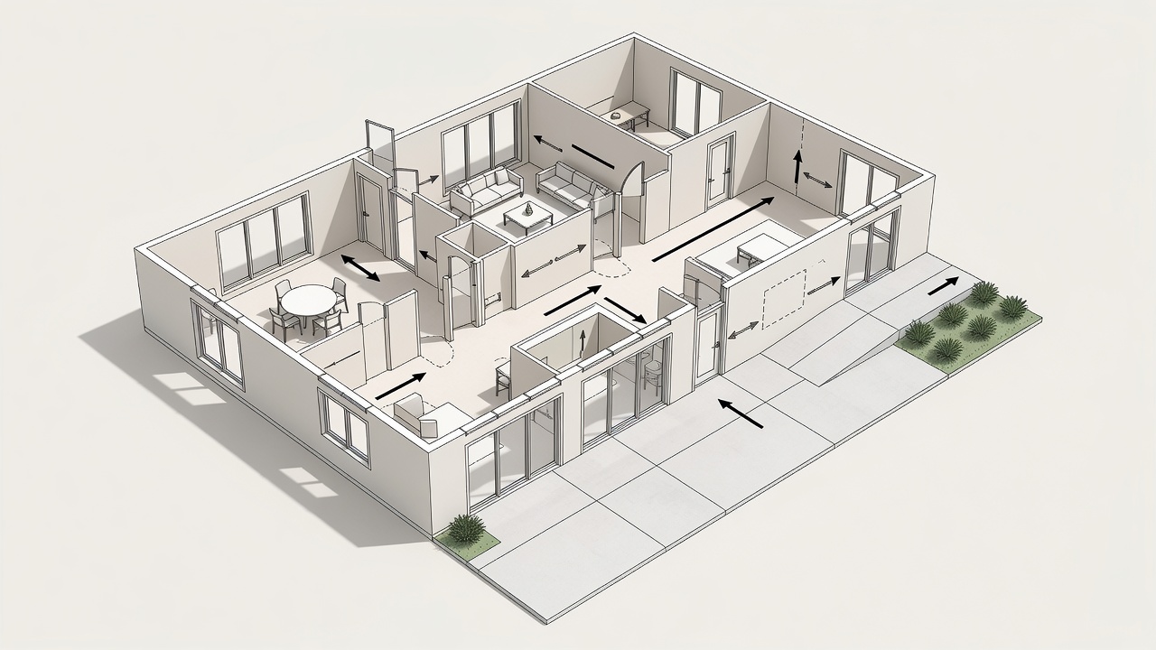Clean architectural illustration of a single-story Florida retirement home layout showing open living areas, wide hallways, and accessible outdoor patio under natural daylight