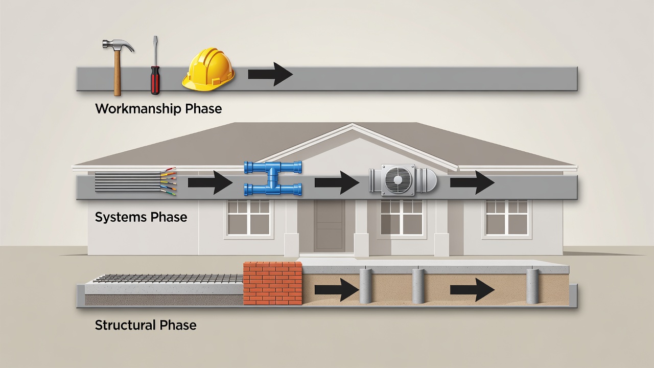 Clean editorial diagram showing three horizontal timeline bars labeled Workmanship Phase, Systems Phase, and Structural Phase with simple icons for tools, pipes, and foundation elements against a neutral Florida home background