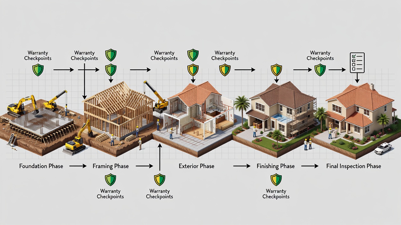 Clean editorial illustration of a Florida custom home construction timeline showing sequential phases from foundation through final inspection with labeled warranty checkpoints and coverage periods.