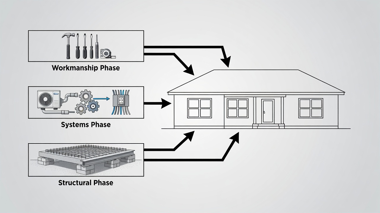 Clean educational diagram showing three horizontal timeline bars labeled Workmanship Phase, Systems Phase, and Structural Phase with icons for tools, mechanical systems, and foundation elements against a Florida home outline