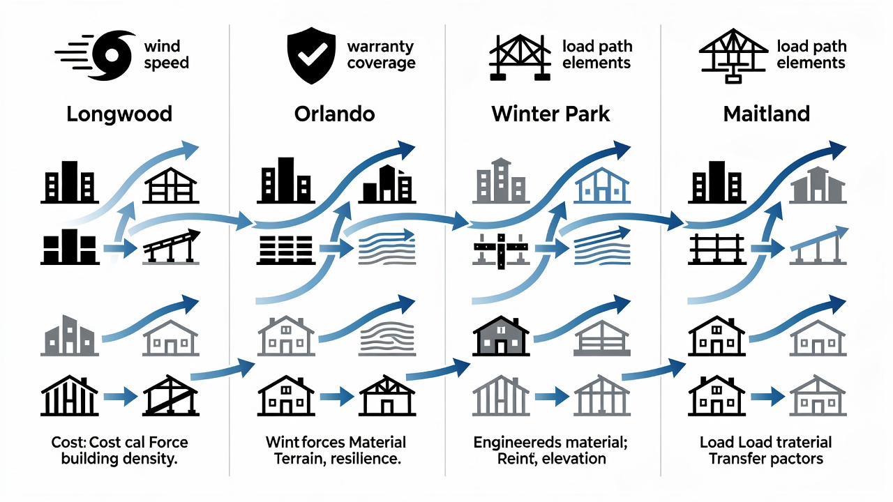 Clean infographic table comparing 140 mph construction cost factors across Longwood, Orlando, Winter Park and Maitland with icons for wind speed, warranty coverage and load path elements