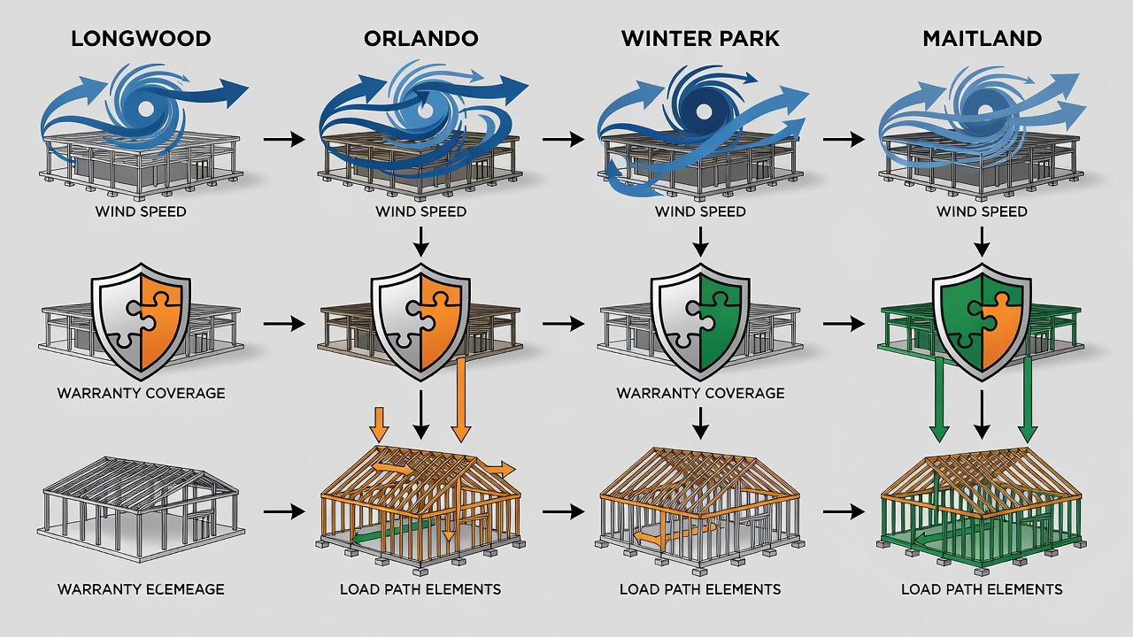 Clean infographic table comparing 140 mph construction cost factors across Longwood, Orlando, Winter Park and Maitland with icons for wind speed, warranty coverage and load path elements