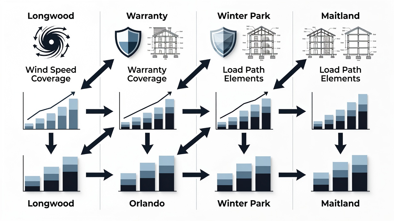 Clean infographic table comparing 140 mph construction cost factors across Longwood, Orlando, Winter Park and Maitland with icons for wind speed, warranty coverage and load path elements