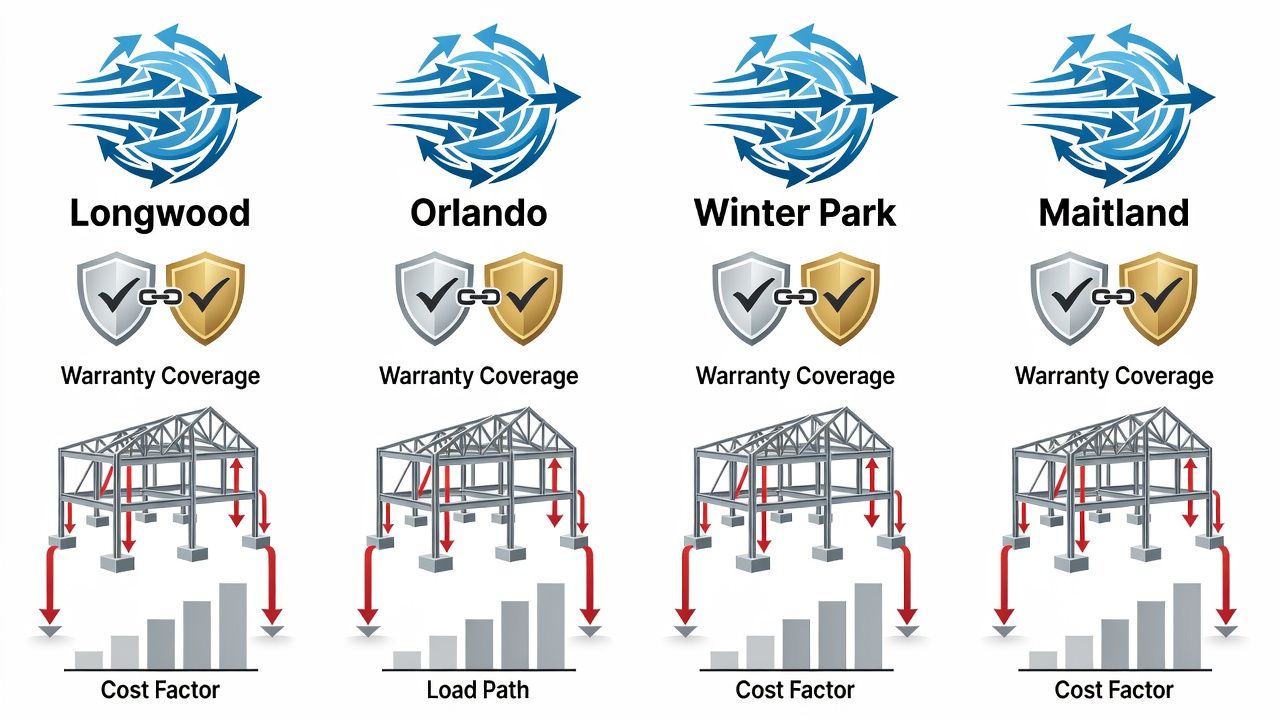 Clean infographic table comparing 140 mph construction cost factors across Longwood, Orlando, Winter Park and Maitland with icons for wind speed, warranty coverage and load path elements