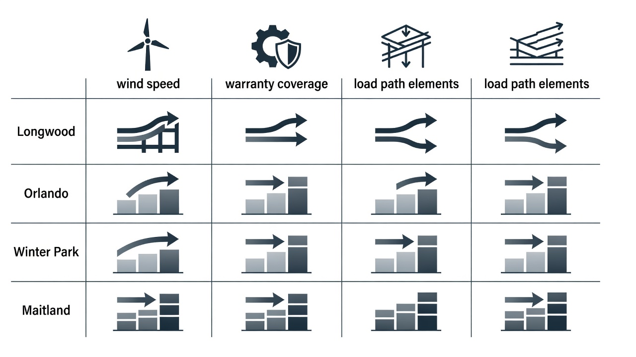 Clean infographic table comparing 140 mph energy efficient construction cost factors across Longwood, Orlando, Winter Park and Maitland with icons for wind speed, warranty coverage and load path elements